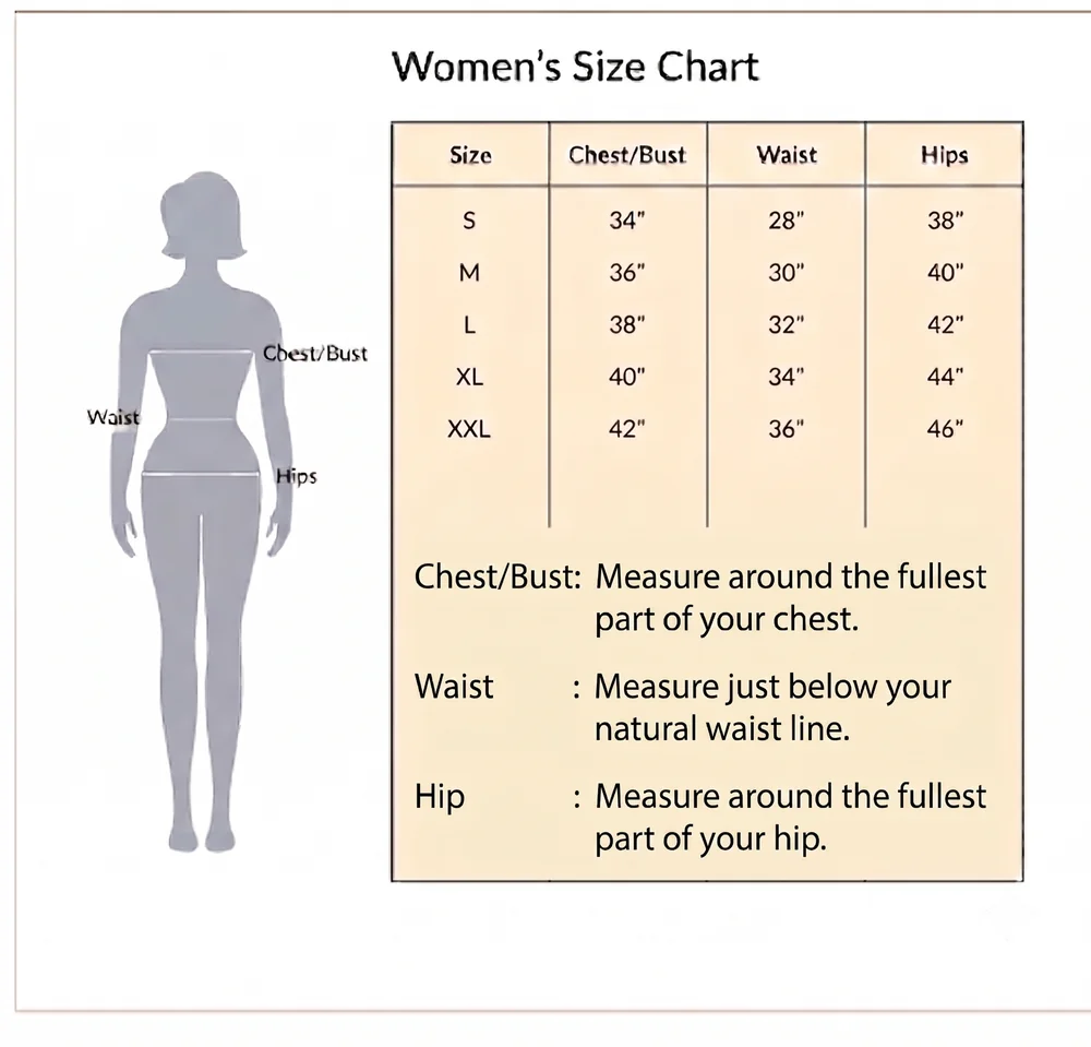 Women's size chart: S to XXL with chest/bust, waist, and hip measurements in inches, plus how to measure each.