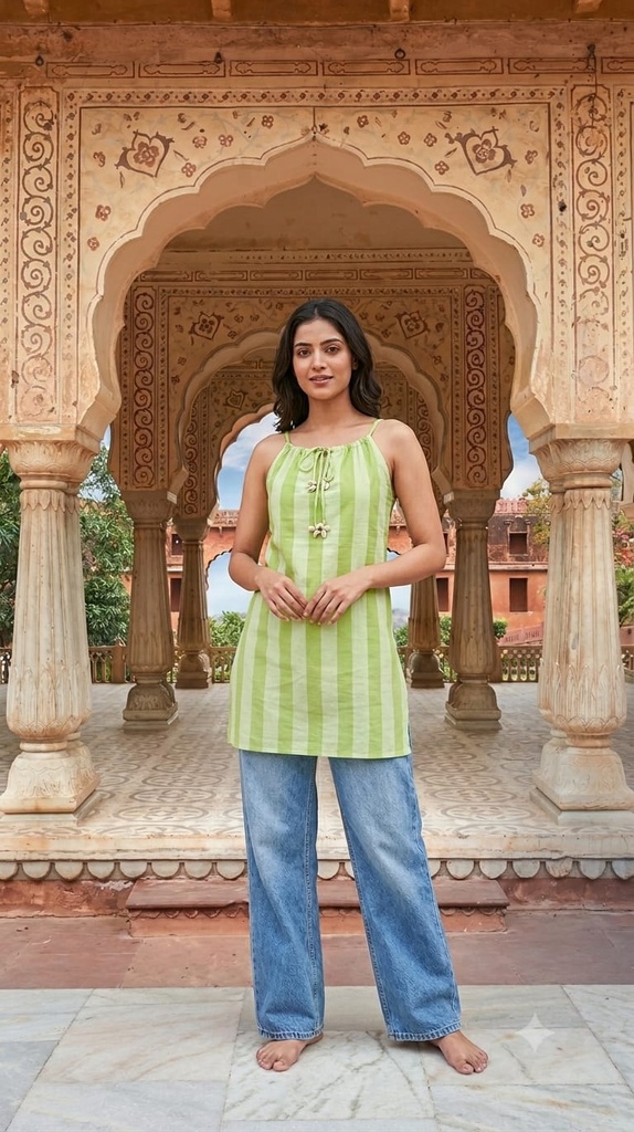 Pistachio Breeze Halter-Neck Kurti - 100% Cotton