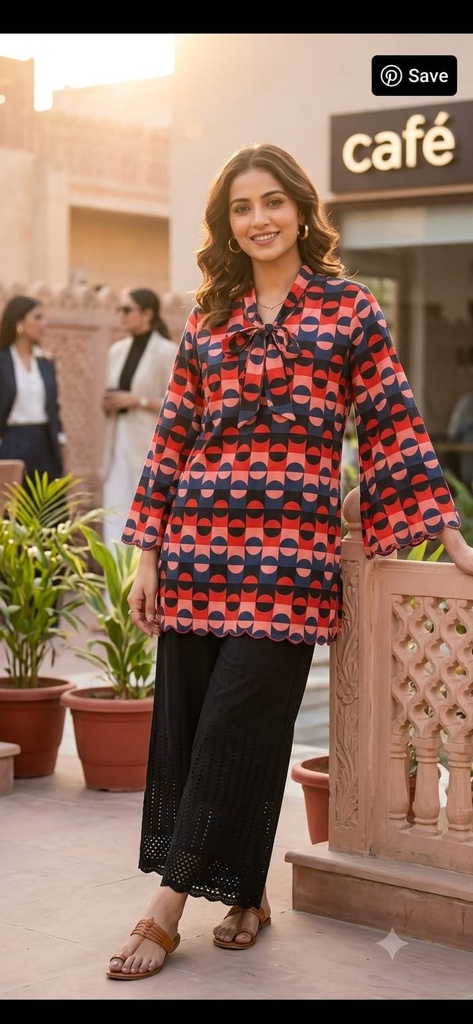 Retro Geo-Chic Kurti - 100% Cotton (S)
