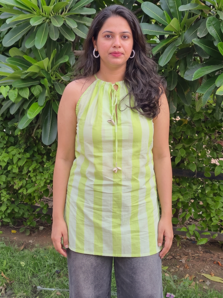Pistachio Breeze Halter-Neck Kurti - 100% Cotton